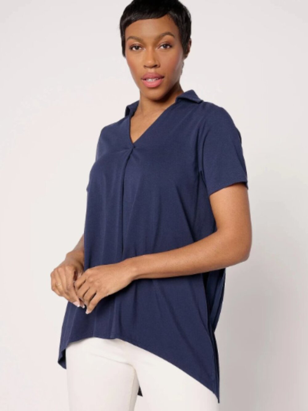 BEAUTIFUL Lawrence Zarian Hi-Low Tunic with Pleating-Navy-Petite Large-A637342